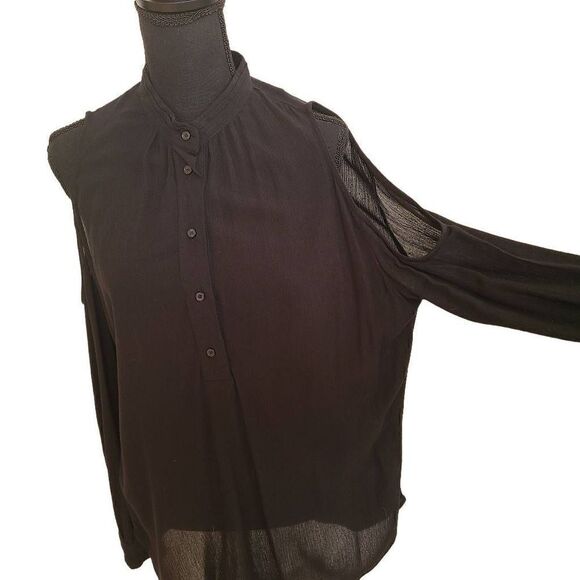 Anthropologie Ro & De Women's Half-Placket Cold Shoulder Blouse Black Medium - Picture 3 of 13